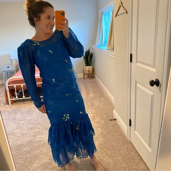 Vintage Handmade Blue Embellished Long Sleeve Mermaid Maxi Gown Small - Picture 3 of 15